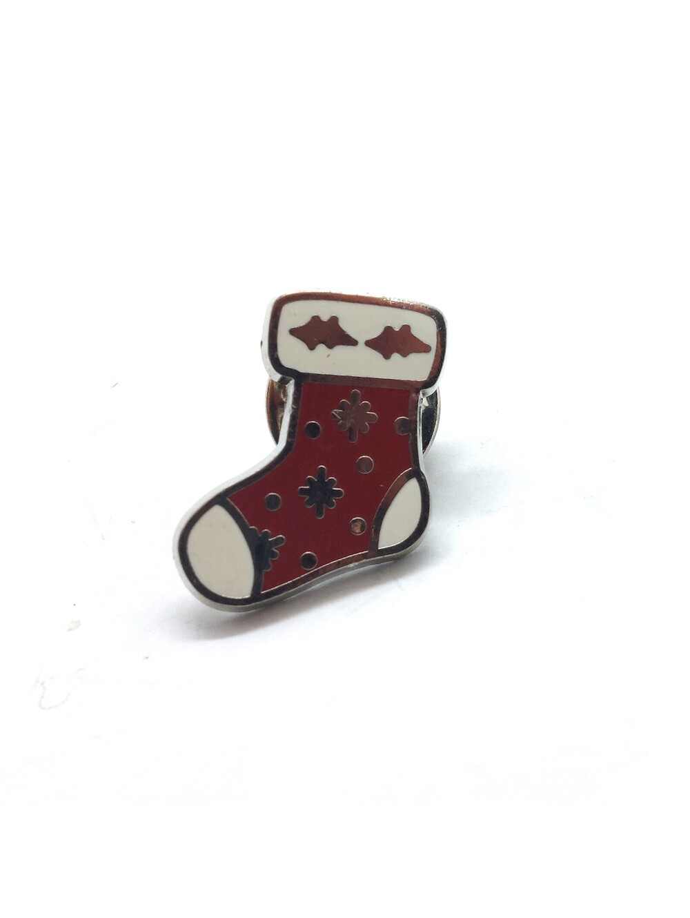 Vintage Christmas Stocking Enamel Pin Red White Holly Holiday Lapel Small